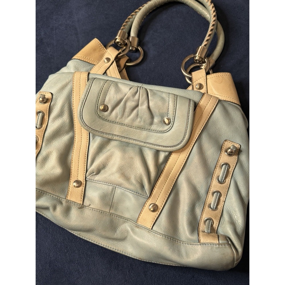 B Makowsky Turquoise Leather Shoulder Bag Heavy Hardware Tan Trim Slouchy Hobo